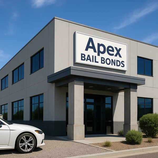The modern exterior of the Apex Bail Bonds office building in Danville, Virginia, featuring a large white and blue sign.