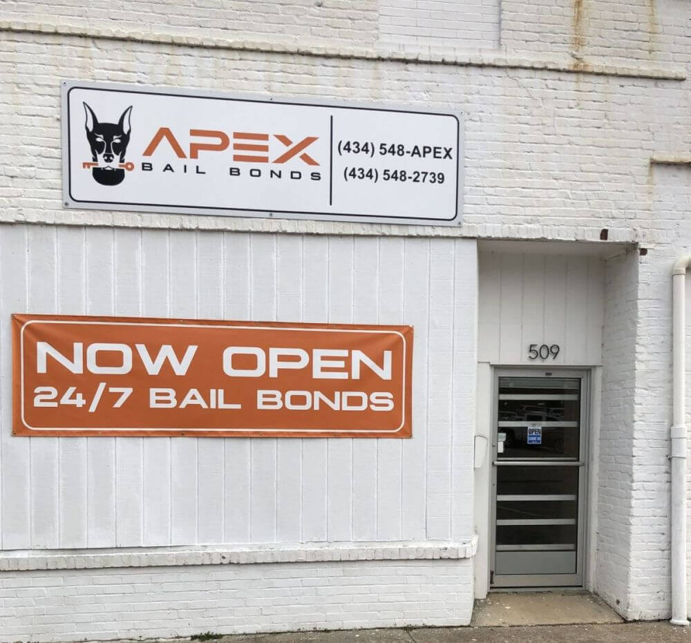 Apex Bail Bonds office in Danville VA with signage showing 24/7 bail bond services for clients needing domestic violence bail bonds and other urgent bail assistance.