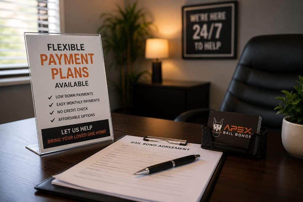 Bail bond payment plan information displayed at Apex Bail Bonds office in Burlington, NC.