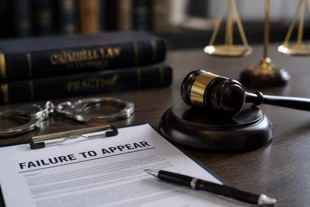 Failure to appear legal paperwork with a judge's gavel and handcuffs for failure to appear bail bonds in Danville, VA.